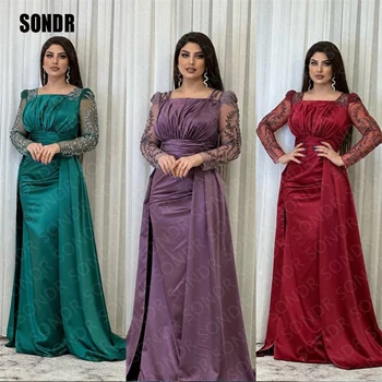 SONDR Dubajus Custom Spalvos Satino Prom Dresses vakarinę Suknelę Blizgus Karoliukai Rankovėmis Oficialus Naktį Šalies Chalatai Vestidos