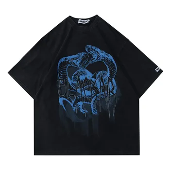 2023 Vasaros Naują Putų Spausdinimo Mėlyna Python Modelis T-shirt Unisex Derliaus Medvilnės trumparankoviai marškinėliai Hip-Hop Streetwear Viršūnės