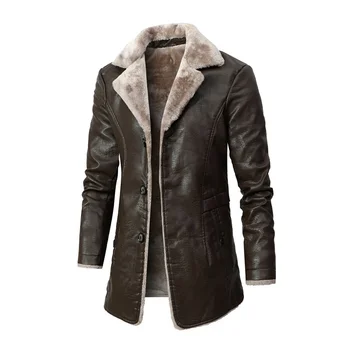 Žiemos vyrų aukštos kokybės odinė striukė atvartas, vilnos, odos motociklo striukė vyrų verslo laisvalaikio ilgai Dirbtinės odos paltas