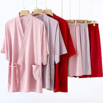 Nauja Japonų Moterų Kimono Trumpas Rankovės Šortai Pižama Komplektas 100% Medvilnės Vasaros Namų Drabužiai Laisvi Moterų Sleepwear Kostiumas