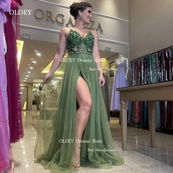 OLOEY Vintage Žalia Tiulio Ilgai Prom Dresses Spageti Dirželis Brangioji Padalinta Seksualus Dubajus arabų Ilgai Vakare Chalatai Oficialų Šalis