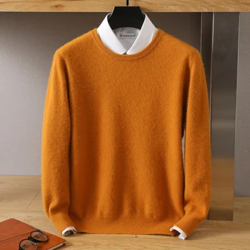 Rudenį ir žiemą naujas vyrų 100% grynas audinės O-kaklo kašmyro megztinis (puloveris) mados plius dydis šiltas megztinis vyrams kailis