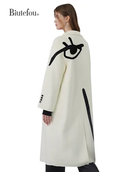 【Biutefou】Originalaus Dizaino 2022 M. Žiemos Moterys Ilgai Menas Abstraktus Siuvinėjimo Dviejų Pusių Kašmyro Paltas