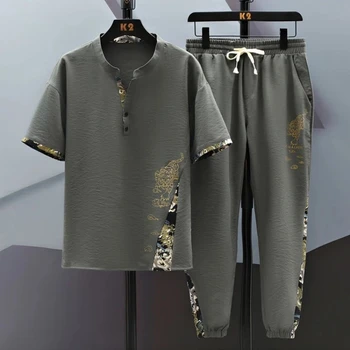 (Marškinėliai + kelnės) 2023 vasaros mados vyrams marškinėliai Medvilniniai marškinėliai vyriški rinkiniai Aukštos kokybės marškinėliai Dviejų dalių dydis M-4XL TZ0195