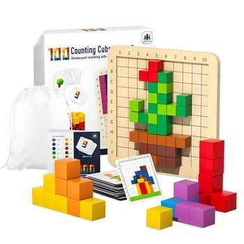 100vnt Kūrimo bloką puzzle 10 Spalvų Medinių Statybinių Blokų Vaikščioti Montessori Žaislas, su Instrukcija Korteles ir Mediniai