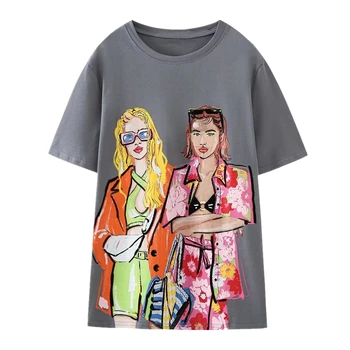 Jenny&Dave Darbą Atsitiktinis Grynos Medvilnės Pilka Prarasti Viršuje Moterų Mados Animacinių filmų Mergina Grafiti Spausdinimo Raundo Kaklo T-shirt