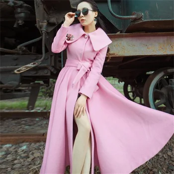 Nauji ilgi sūpynės vilnoniai paltai moterims rožinės spalvos paltas Britų stiliaus sutirštės šiltų kašmyro paltas