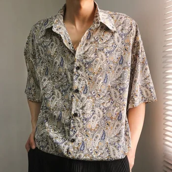 Korėjos Mados Anakardžių Gėlių Marškiniai Vyrai Trumpas Rankovės Šifono Sumažėjo Prarasti Atsitiktinis Retro Pusė Rankovės Havajų Marškinėliai Vyrams