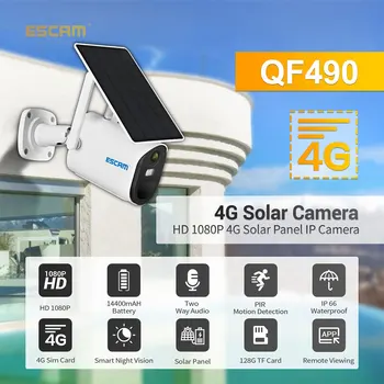 ESCAM QF490 1080P Debesys Saugojimo 4G Sim kortelės Baterija PIR Signalizacijos IP Kamera Su Saulės Skydelis, Spalvotas Naktinis Matymas Dviejų krypčių Garsas