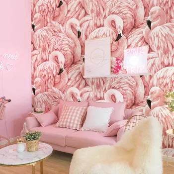 Šiaurės stiliaus rožinės spalvos tapetai flamingo mergina širdies foną miegamajame, gyvenamasis kambarys modernus minimalistinio princesė milteliai.