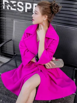 Rose Pink Ilgai Vilnos Paltai Moterims Korėjos Stiliaus Žiemos Elegantiškas Varčias Darbo Pareigas, Kašmyras Vilnoniai Paltai Moterims Atsitiktinis Negabaritinių Outwear