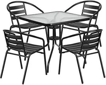 Aikštėje Stiklo, Metalo Stalas su 4 Black Metalo Aliuminio Plokštelių Krūvą Kėdės