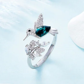 Elegantiškas Gamtos Blue Stone Reguliuojamas Hummingbird Žiedai Moterims Stiklo Užpildytas Žiedai Moterų Dalyvavimas Vestuves Papuošalai
