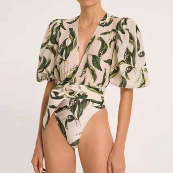 Spausdinti Sluoksniuotos Rankovėmis Vientisi Maudymosi Kostiumėlį Gilia V Aukšto Juosmens Bikini Slim Fit Sexy Thong Elegantiškas Paplūdimio Mados 2022