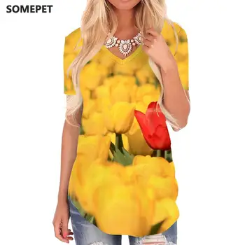 SOMEPET Gėlės Marškinėliai Moterims Augalai T-shirts 3d Lapai V-kaklo Marškinėlius Kraštovaizdžio Tshirts Spausdinti Moteriški Drabužiai Vasarą Laisvas