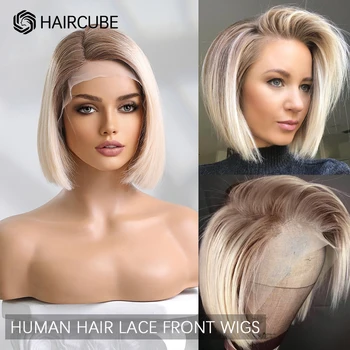 HAIRCUBE Trumpi Šviesūs Žmogaus Plaukų Perukas Remy 13×5×1 Nėriniai Priekiniai Perukas su Kūdikių Plaukus Ombre Tiesiai Bob Nėriniai Priekinio Perukai Moterims