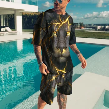 Liūtas 3D Atspausdintas Vyrų Tees Mados trumpomis Rankovėmis T-Shirt&Šortai Dviejų dalių Komplektas Hip-Hop Besišypsantis Veidas Negabaritinių Pora Sportinę aprangą