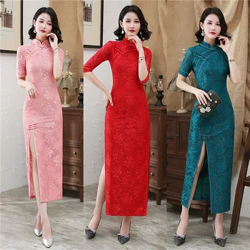 2022 Naujas Nėrinių Cheongsam Dienos Šviesą Plus Size Ilgai Mados Qipao Vakarinę Suknelę Europos Drabužius, Kinų Tradicinė Suknelė